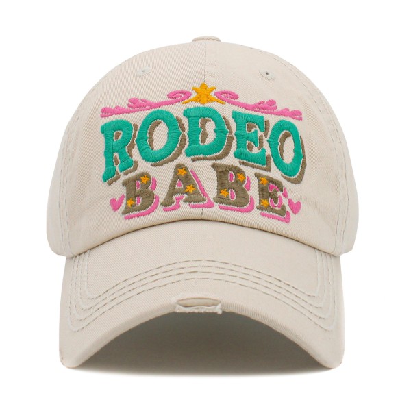 Vintage Distressed Baseball Cap Featuring 'Rodeo Babe' Embroidered Detail 

- One Size Fits Most 
- Adjustable Velcro Closure 
- 100% Cotton 