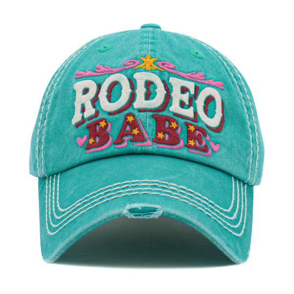 Vintage Distressed Baseball Cap Featuring 'Rodeo Babe' Embroidered Detail 

- One Size Fits Most 
- Adjustable Velcro Closure 
- 100% Cotton 