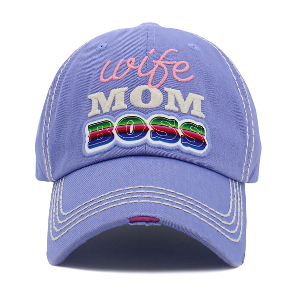 Vintage Distressed Baseball Cap Featuring ' Wife Mom Boss' Embroidered Detail 

- One Size Fits Most 
- Adjustable Velcro Closure 
- 100% Cotton 