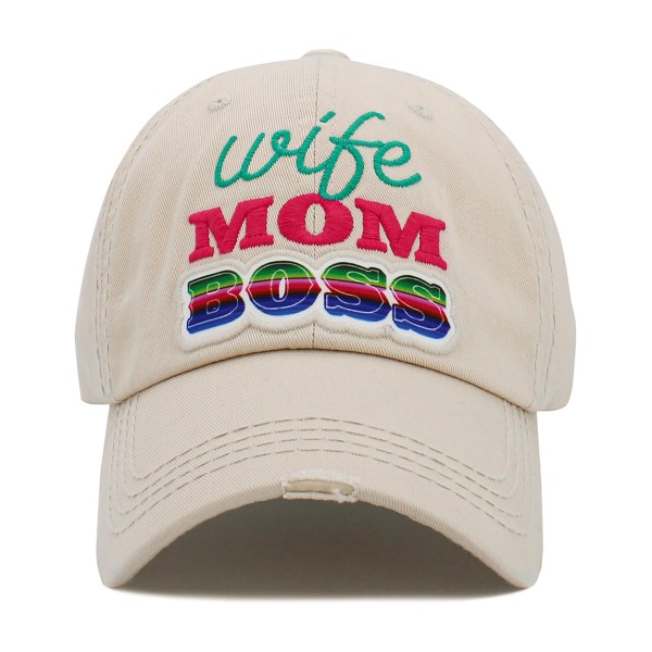 Vintage Distressed Baseball Cap Featuring ' Wife Mom Boss' Embroidered Detail 

- One Size Fits Most 
- Adjustable Velcro Closure 
- 100% Cotton 