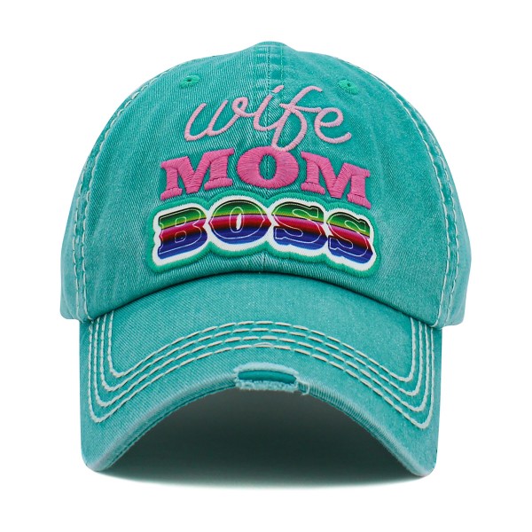 Vintage Distressed Baseball Cap Featuring ' Wife Mom Boss' Embroidered Detail 

- One Size Fits Most 
- Adjustable Velcro Closure 
- 100% Cotton 