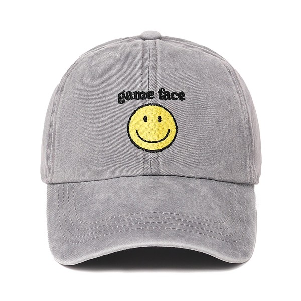 'Game Face' Embroidered Baseball Cap Featuring Happy Face

- One Size Fits Most 
- 100% Cotton 
- Adjustable (Buckle) 