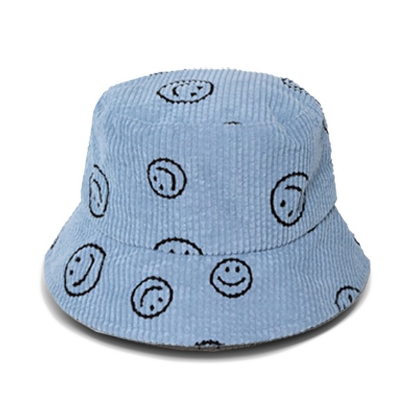 Corduroy Bucket Hat Featuring Happy Face 

- One Size Fits Most 
- 100% Polyester 