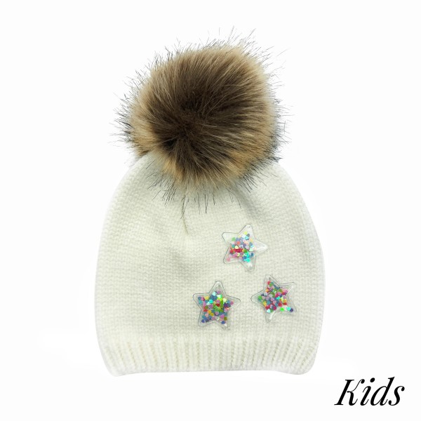 Wholesale kids Knit Beanie Glitter D Star Faux Fur Pom Viscose Polyester Nylon M