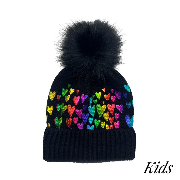 Wholesale kids Knit Beanie Metallic Heart Print Faux Fur Pom Kids Viscose Polyes
