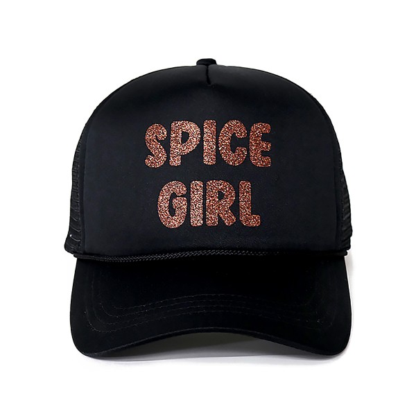 Glitter "Spice Girl" Trucker Hat.

- One Size Fits Most
- Snap Adjustable Band
- 100% Polyester