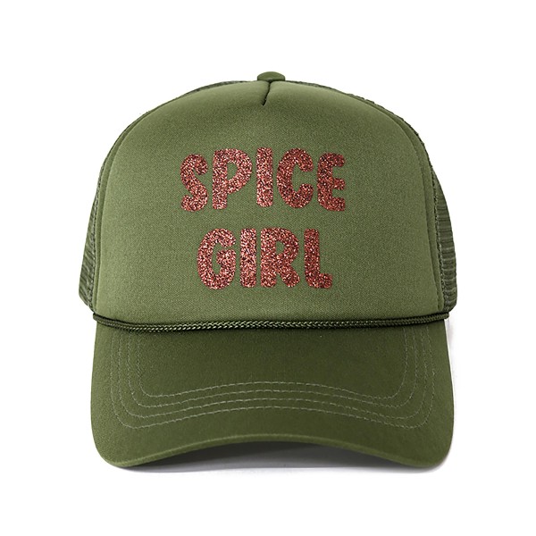 Glitter "Spice Girl" Trucker Hat.

- One Size Fits Most
- Snap Adjustable Band
- 100% Polyester