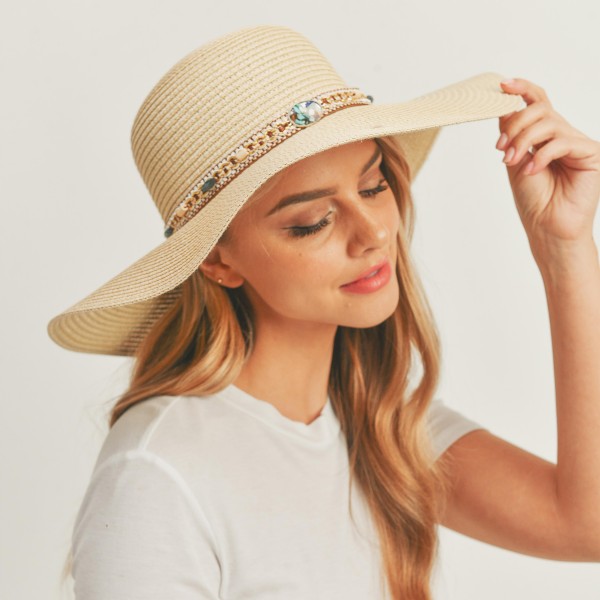 Wholesale sun Hat Beaded Band Natural Stone Detail Leather String Bow One Fits M