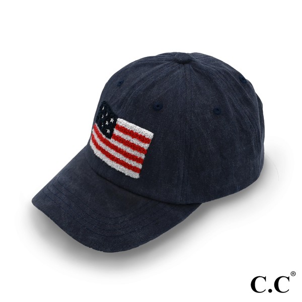 C.C Baseball Cap BAB-8002
American Flag Chenille Patch Baseball Cap 

- One Size Fits Most 
-  Adjustable Slide Buckle Closure 
- 100% Cotton 
