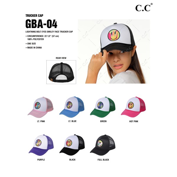 C.C GBA-04
Lighting Bolt Eyes Smile Trucker Cap
- One Size Fits Most (Adjustable Snap Back)
- 100% Polyester