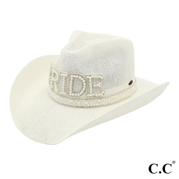 C.C CBC-02 Cowboy Hat
Bride Cowboy Hat With Pearl & Rhinestone Trim Band

- One Size Fits Most (Internal Adjustable Drawstring) 
- Brim Approximately 3.25" L
- 60% Paper/ 40% Polyester 