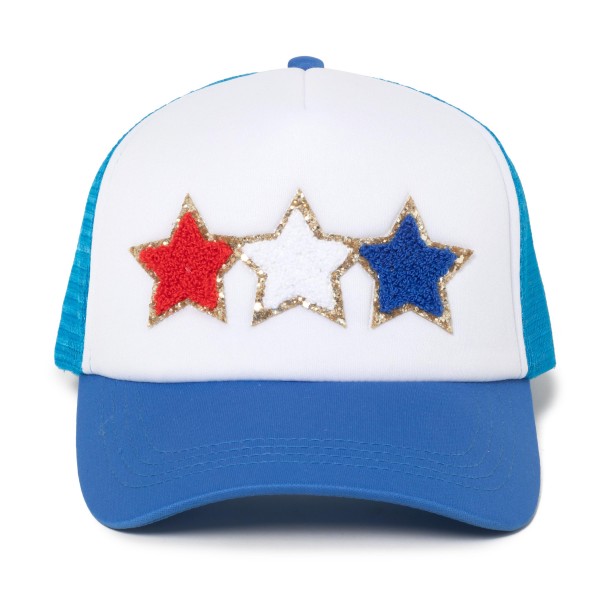 Glitter Chenille Red, White, and Blue Stars Patch Trucker Hat

- One Size Fits Most
- Adjustable Snap Back
- 100% Polyester