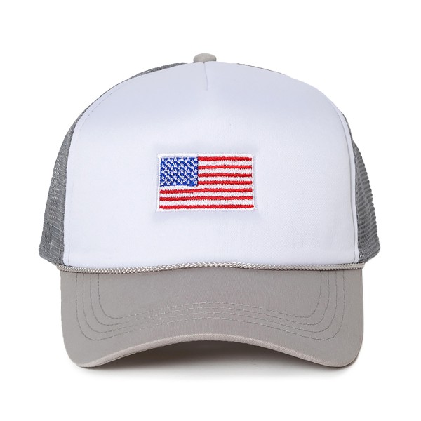 American Flag Embroidered Trucker Hat With Mesh Back

- One Size Fits Most
- Snapback Closure
- 100% Polyester 