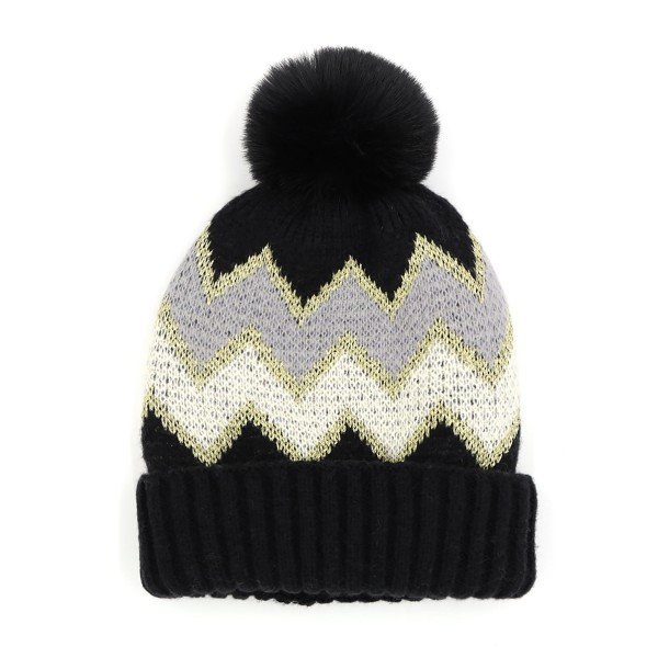 Wholesale tinsel Chevron Knit Beanie Faux Fur Pom One Fits Most Polyester