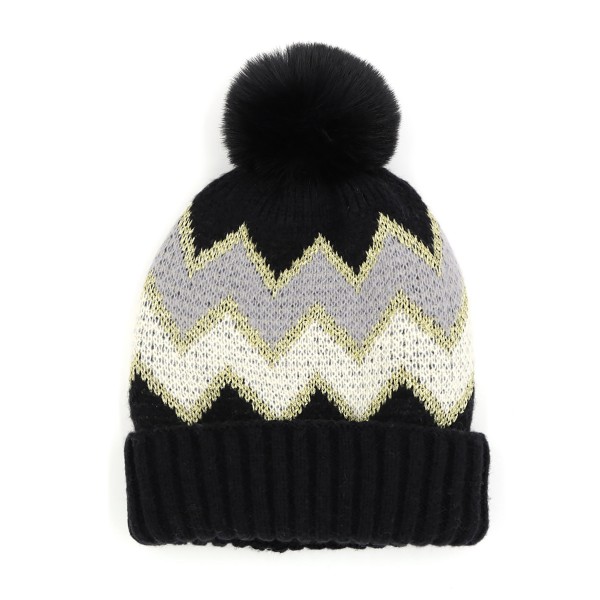 Tinsel Accented Chevron Knit Beanie With Faux Fur Pom

- One Size Fits Most
- 100% Polyester 