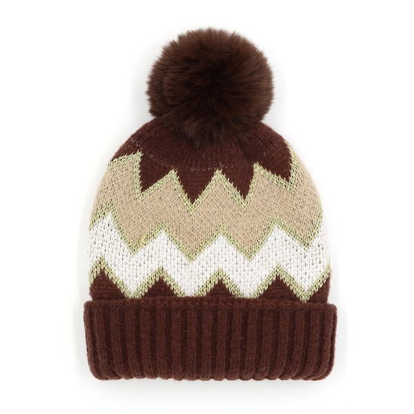 Wholesale tinsel Chevron Knit Beanie Faux Fur Pom One Fits Most Polyester