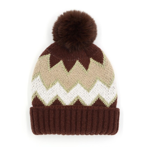 Tinsel Accented Chevron Knit Beanie With Faux Fur Pom

- One Size Fits Most
- 100% Polyester 