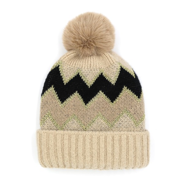 Wholesale tinsel Chevron Knit Beanie Faux Fur Pom One Fits Most Polyester