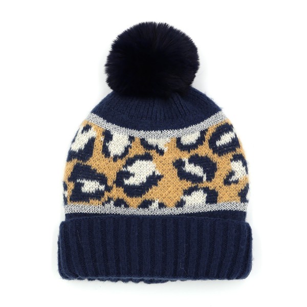 Wholesale animal Print Beanie Tinsel Faux Pom Details One Fits Most Polyester