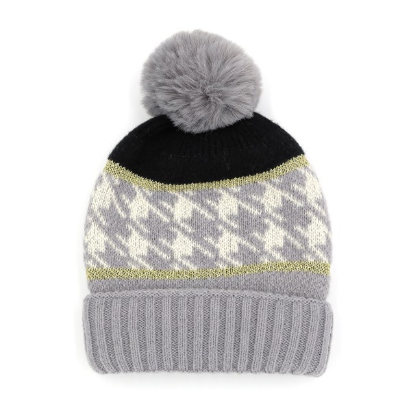Wholesale houndstooth Tinsel Beanie Faux Fur Pom One Fits Most Polyester