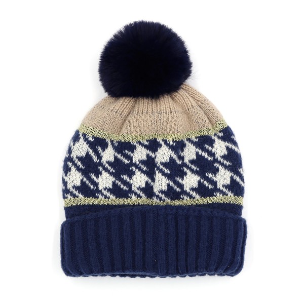 Wholesale houndstooth Tinsel Beanie Faux Fur Pom One Fits Most Polyester