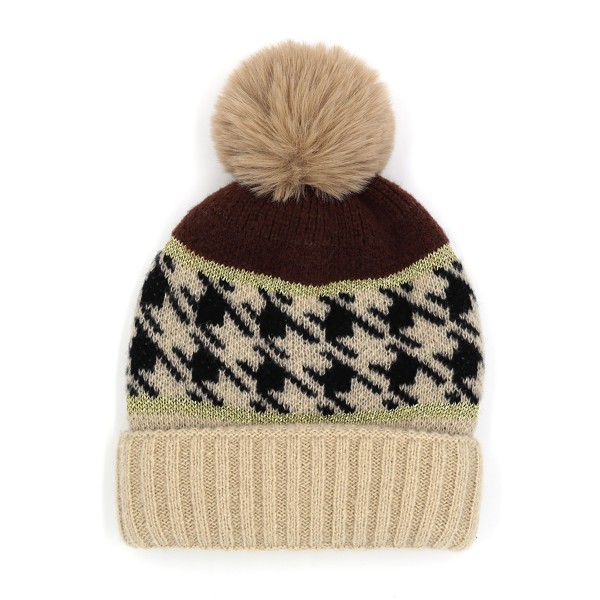 Wholesale houndstooth Tinsel Beanie Faux Fur Pom One Fits Most Polyester