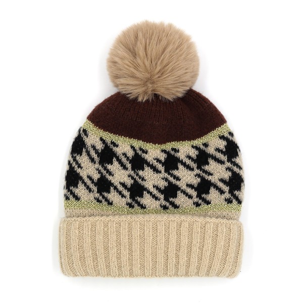 Houndstooth And Tinsel Accented Beanie With Faux Fur Pom

- One Size Fits Most
- 100% Polyester 