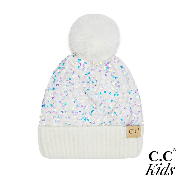 Wholesale c C KD HTE Kids Sequin Fur Pom Beanie One Kids Lined Beanie Polyester