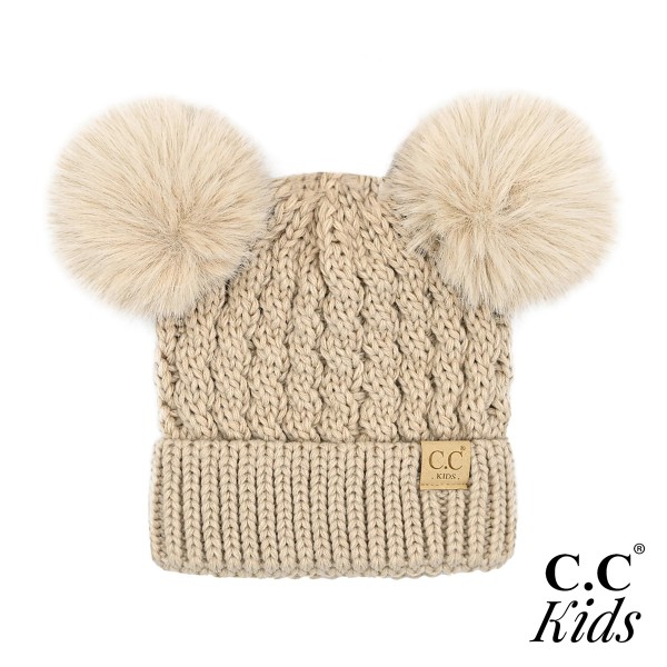 C.C KIDS-2055-S 
Kids Solid Cable Knit Double Pom Beanie.

- One size fits most
- 100% Acrylic 
- POM: 100% Faux Fur