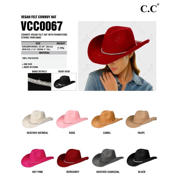 C.C VCC0067 
Cowboy Vegan Felt Hat With Rhinestone String Trim Band
- One Size Fits Most
- Brim Approximately 3.5" L
- 100% Polyester