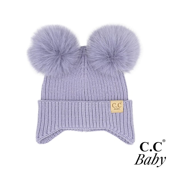 C.C BB-HTC0078
Ear Cover Flap Pom Pom Baby Beanie

- One Size (Baby) 
- Ear Flap Length 1.25" 
- 48% Viscose / 27% Nylon/ 25% Polyester
- 100% Faux Fur Pom 