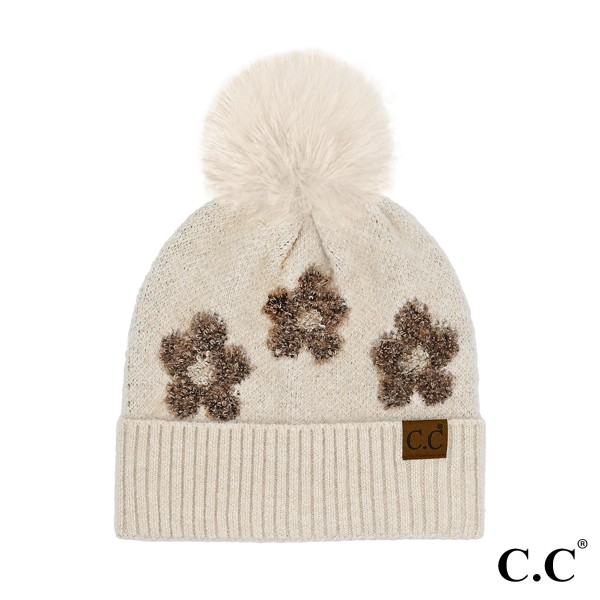 Wholesale c C HTC Daisy Pattern Beanie Pom Recycled Polyester Spandex Pom Faux F