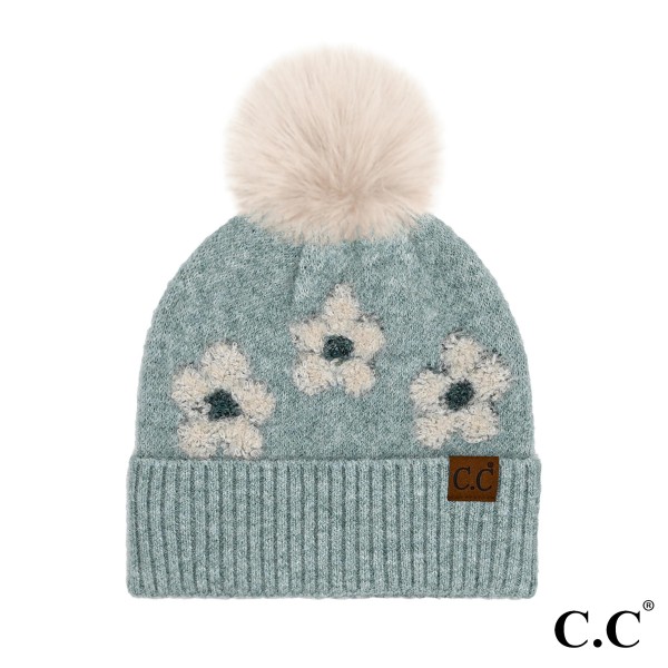 C.C HTC0079
Daisy Pattern Beanie With Pom 

- 97% Recycled Polyester / 3% Spandex
- Pom 100% Faux Fur 
- One Size Fits Most