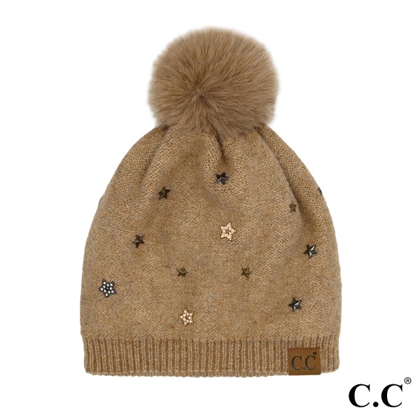 C.C HTE0010
Star Studded Pom Beanie

- One Size Fits Most
- Faux Fur Pom 
- 97% Recycled Polyester / 3% Spandex 