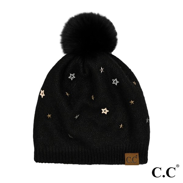 C.C HTE0010
Star Studded Pom Beanie

- One Size Fits Most
- Faux Fur Pom 
- 97% Recycled Polyester / 3% Spandex 