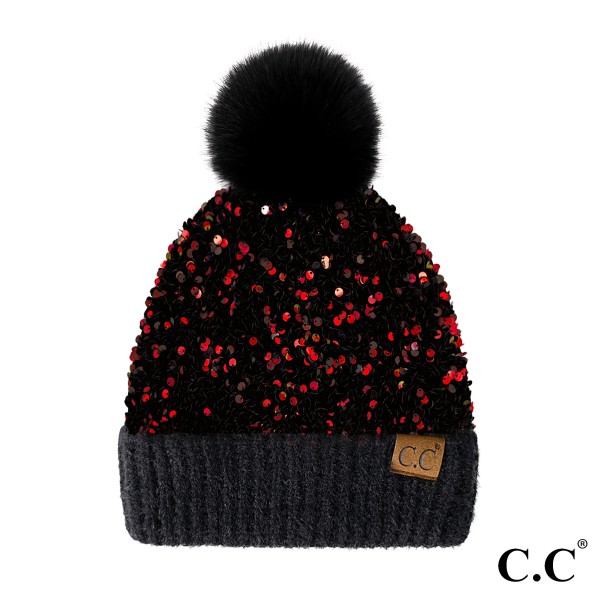 Wholesale c C HTE Sequin Fur Pom Beanie One Fits Most Lined Beanie Polyester