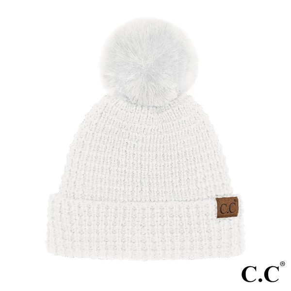 C.C HTE0032
Waffle Knit Pattern Cuff Beanie With Fur Pom 

- One Size Fits Most
- Lined Beanie
- 100% Acrylic 