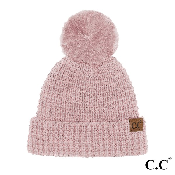 C.C HTE0032
Waffle Knit Pattern Cuff Beanie With Fur Pom 

- One Size Fits Most
- Lined Beanie
- 100% Acrylic 