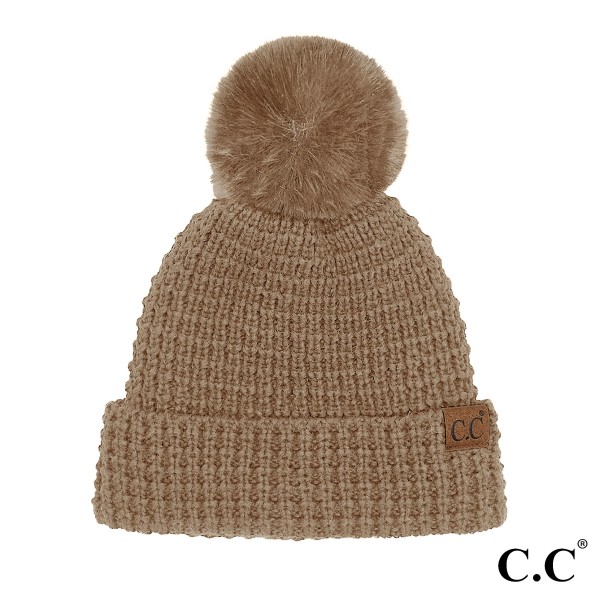 C.C HTE0032
Waffle Knit Pattern Cuff Beanie With Fur Pom 

- One Size Fits Most
- Lined Beanie
- 100% Acrylic 