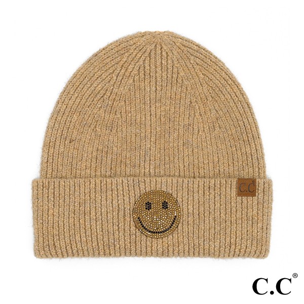 C.C HTE0100 
Happy Face Rhinestone Beanie

- One Size 
- 52% Recycled Polyester/ 45% Acrylic/ 3% Spandex