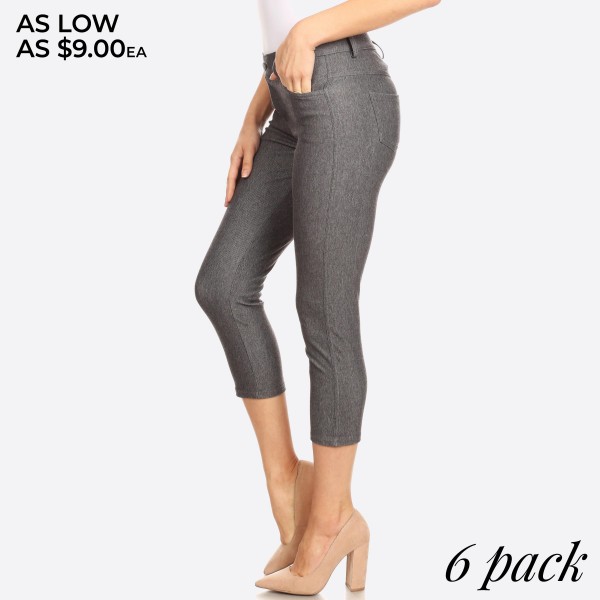 Women's Classic Skinny Capri Jeggings.

• Capri jeggings featuring a light sheen and jean-style 
• Lightweight, breathable cotton-blend material 
• Belt loops with 5 functional pockets
• Super Stretchy
• Pull up Style

- Pack Breakdown: 6pcs/pack
- Sizes: 2-S / 2-M / 2-L
- Inseam approximately 25" L
- 68% Cotton / 27% Polyester / 5% Spandex