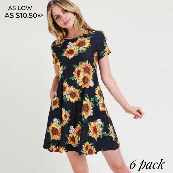 You'll look and feel as pretty as a sunflower in this dress! Short sleeves, crewneck Sunflower print design Soft and stretchy Fit and flare silhouette Knee length You'll look and feel as pretty as a sunflower in this dress! Short sleeves, crewneck Sunflower print design Soft and stretchy Fit and flare silhouette Knee length