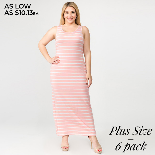 Striped PLUS size full-length sleeveless maxi dress. Approximately 50" in length. Pack Breakdown: 6pcs / pack Sizes: 2-XL / 2-1X / 2-2X Composition: 95% Rayon, 5% Spandex | 7301282 | Wholesale Fashion Jewelry Striped PLUS size full-length sleeveless maxi dress. Approximately 50" in length. Pack Breakdown: 6pcs / pack Sizes: 2-XL / 2-1X / 2-2X Composition: 95% Rayon, 5% Spandex | 7301282 | Wholesale Fashion Jewelry