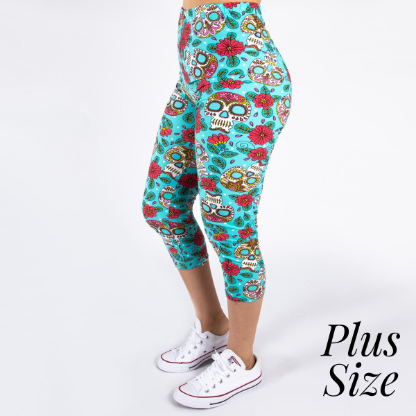 Wholesale pLUS peach skin sugar skull print capri leggings Inseam One fits most