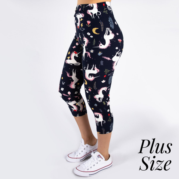 Wholesale pLUS peach skin unicorn print capri leggings Inseam One fits most Comp