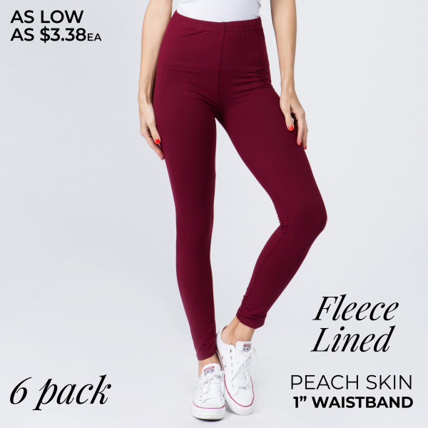 Women's New Mix Brand 1" Waistband Solid Peach Skin Fleece Lined Leggings. (6 Pack)

- 6 Pair Per Pack
- Sizes: 3-S/M / 3-L/XL
- Inseam approximately 27" L
- 92% Polyester, 8% Spandex