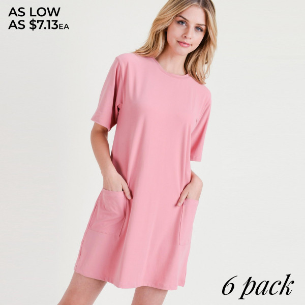 Wholesale women s Solid Color Pocket T Shirt Dress o Short o Crewneck o Two open