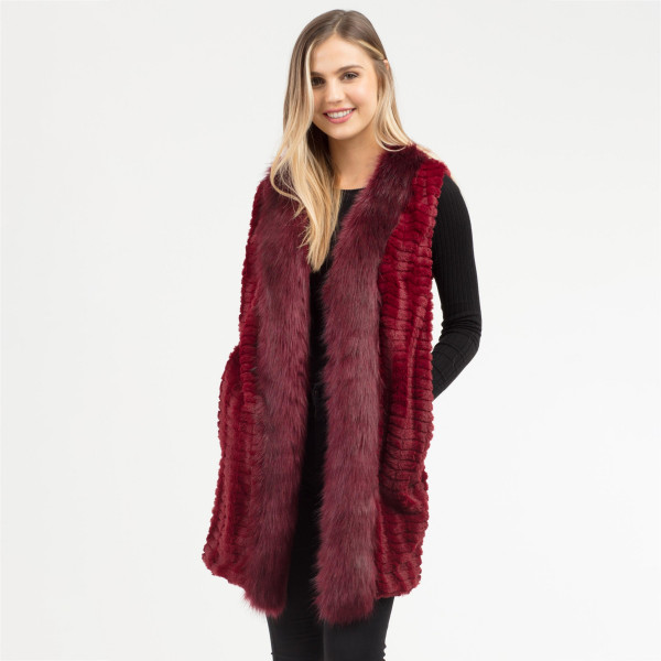 Wholesale soft faux fur trim vest side pocket details One fits most Polyester