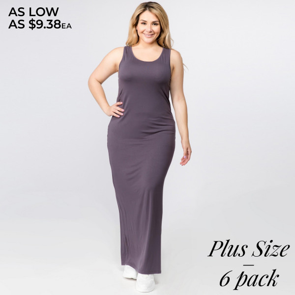 Solid color PLUS size full-length sleeveless maxi dress. Approximately 50" in length. - Pack Breakdown: 6pcs / pack - Sizes: 2-XL / 2-1X / 2-2X - Composition: 95% Rayon, 5% Spandex | 7303102 | Wholesale Fashion Jewelry Solid color PLUS size full-length sleeveless maxi dress. Approximately 50" in length. - Pack Breakdown: 6pcs / pack - Sizes: 2-XL / 2-1X / 2-2X - Composition: 95% Rayon, 5% Spandex | 7303102 | Wholesale Fashion Jewelry