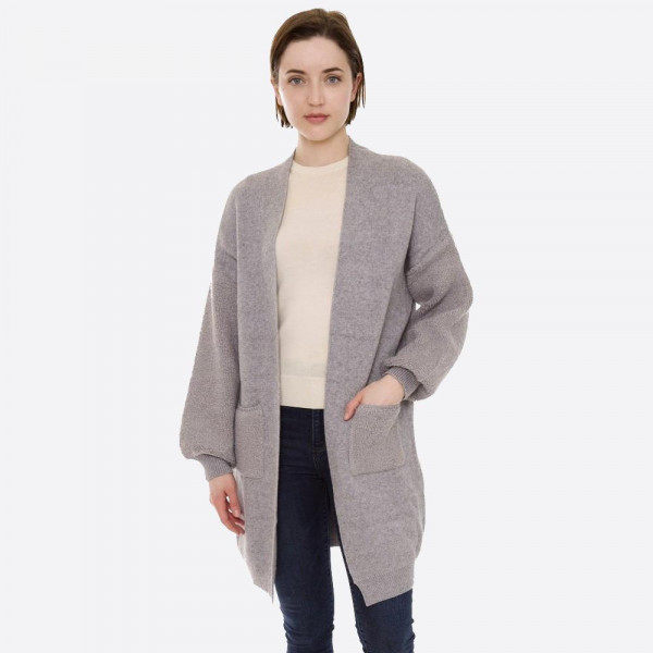 Wholesale solid Knit Cardigan Terry Cloth Balloon Sleeves Pockets One fits most